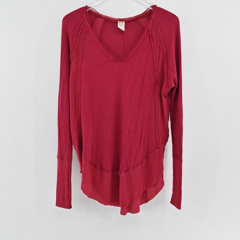 FREE‎ PEOPLE Top Womens Sz S Red V Neck Raglan Long Sleeve Catalina Thermal Boho